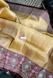 Tussar Silk Banarasi - Peach Yellow Antique Zari