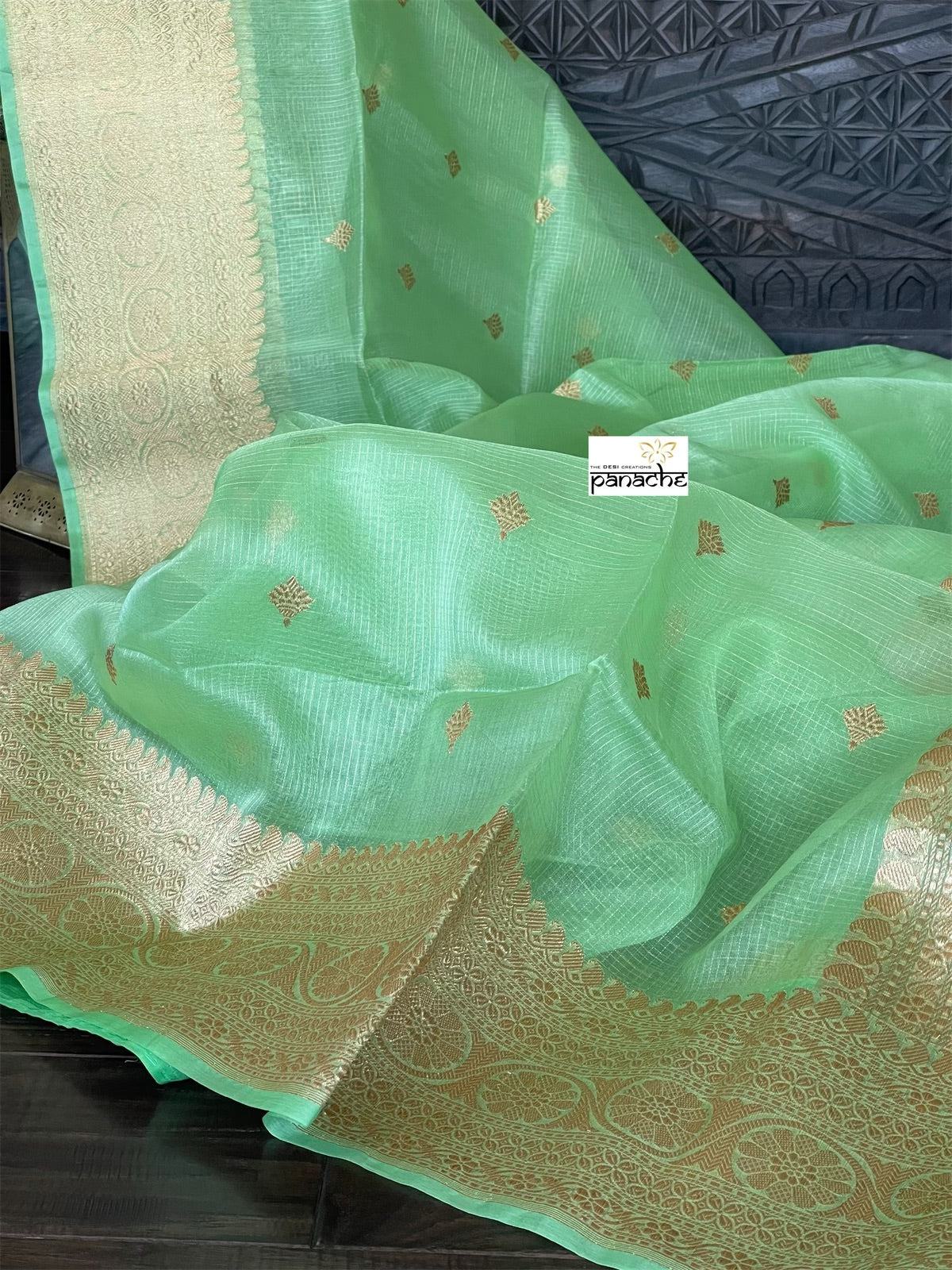 Organza Silk Banarsi - Green Zari Checkered Kadwa