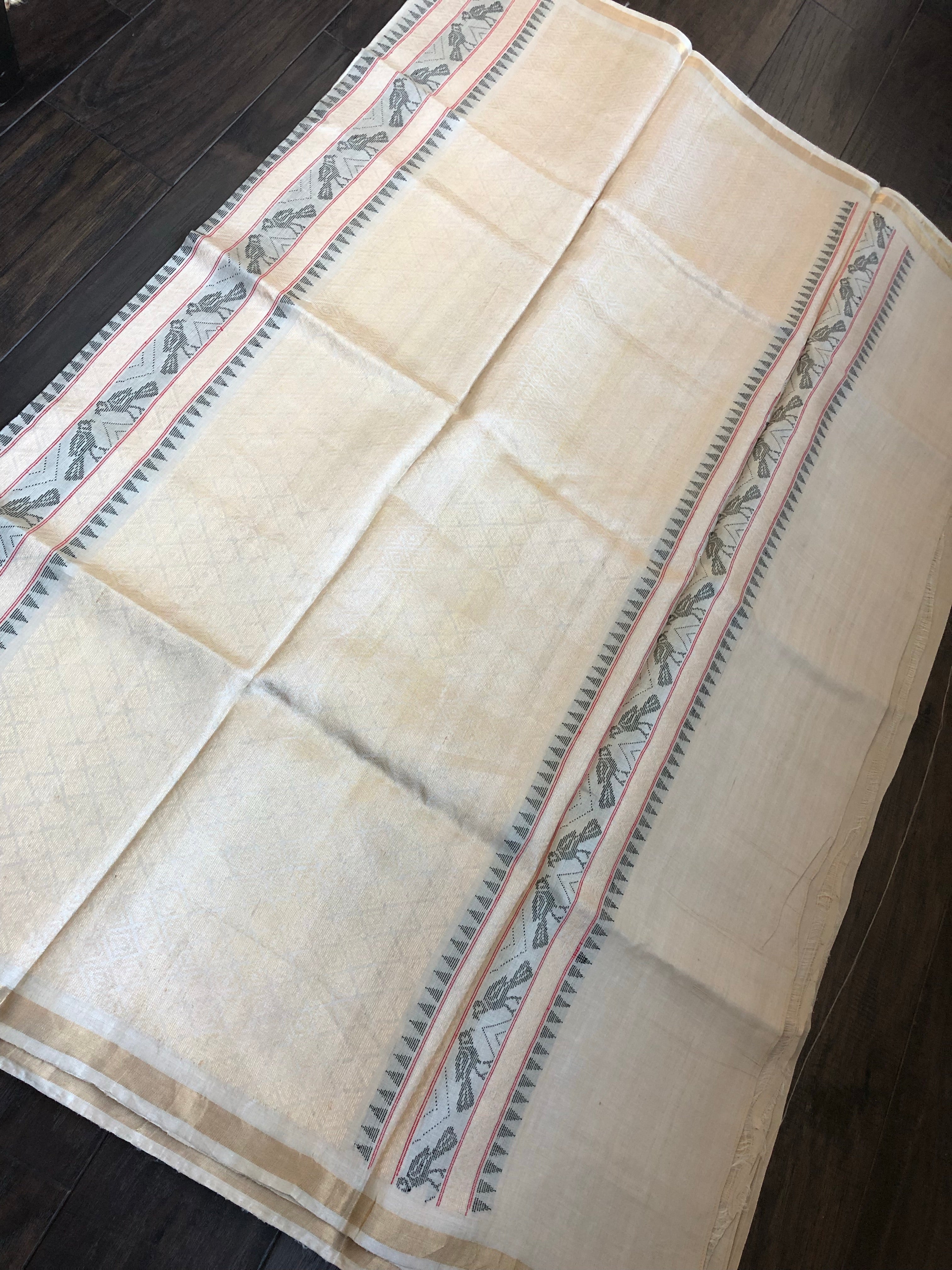 Pure Tussar Silk - Beige Red Resham Zari Woven