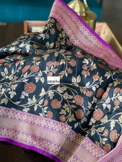 Pure Silk Jangla Banarasi - Black Magenta Purple Antique Golden Zari