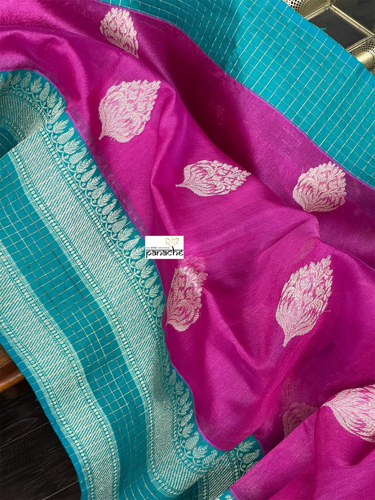 Tussar Silk Banarasi - Magenta Pink Rama Green Zari checkered
