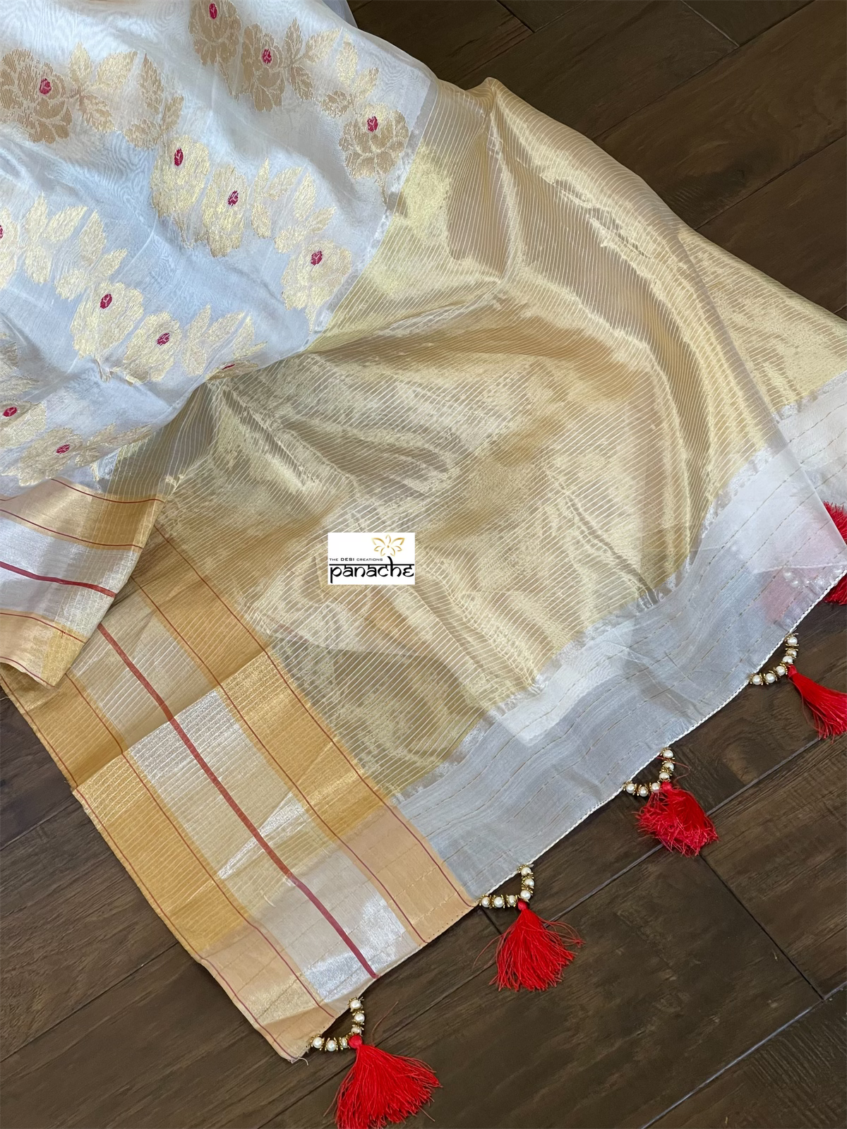 Pure Chanderi Pattu Silk - Off white Red Meenakari