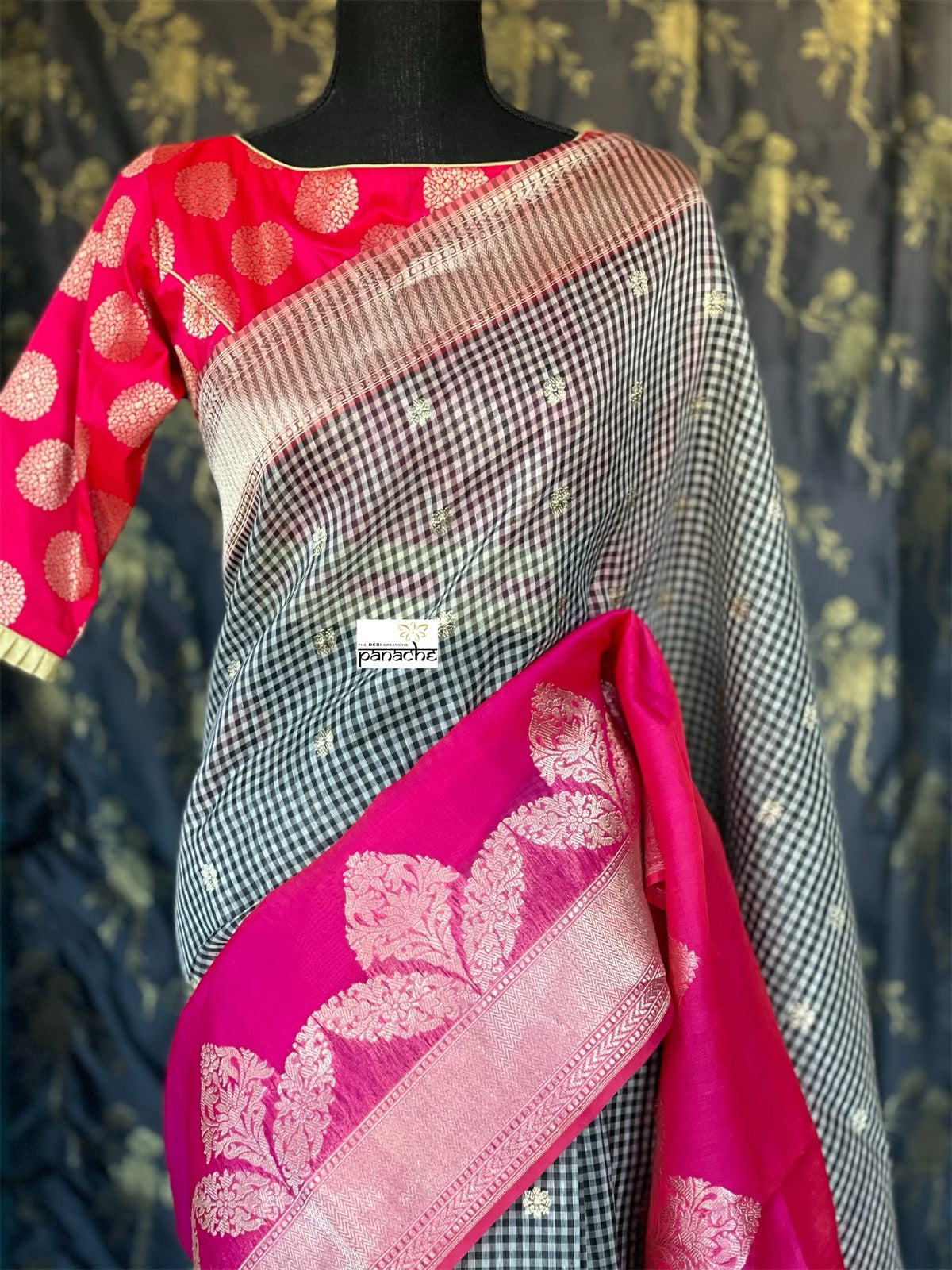Kora Linen Silk Banarsi - Black White Checks Pink