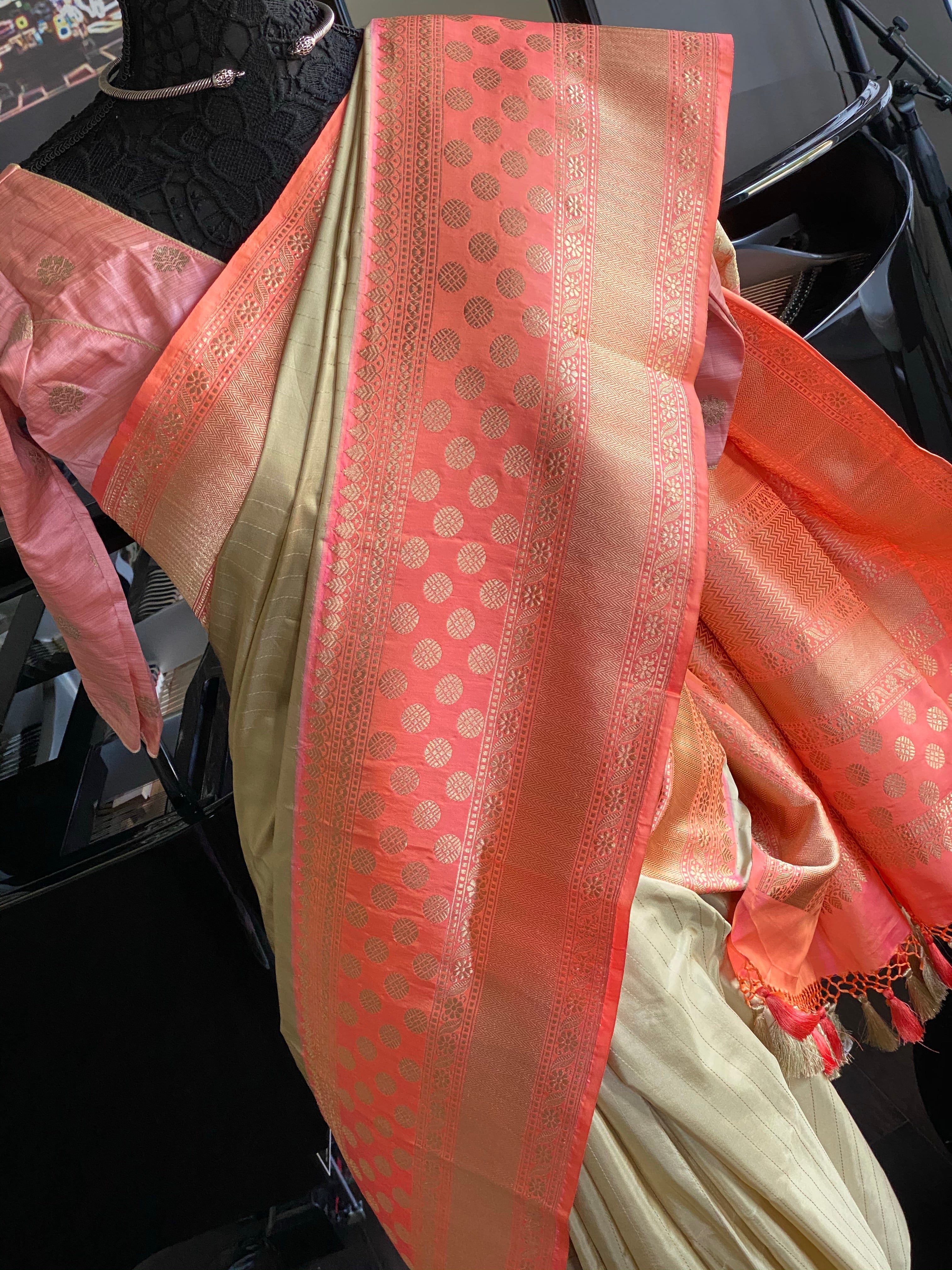 Katan Silk Banarasi - Gray Beige Pink