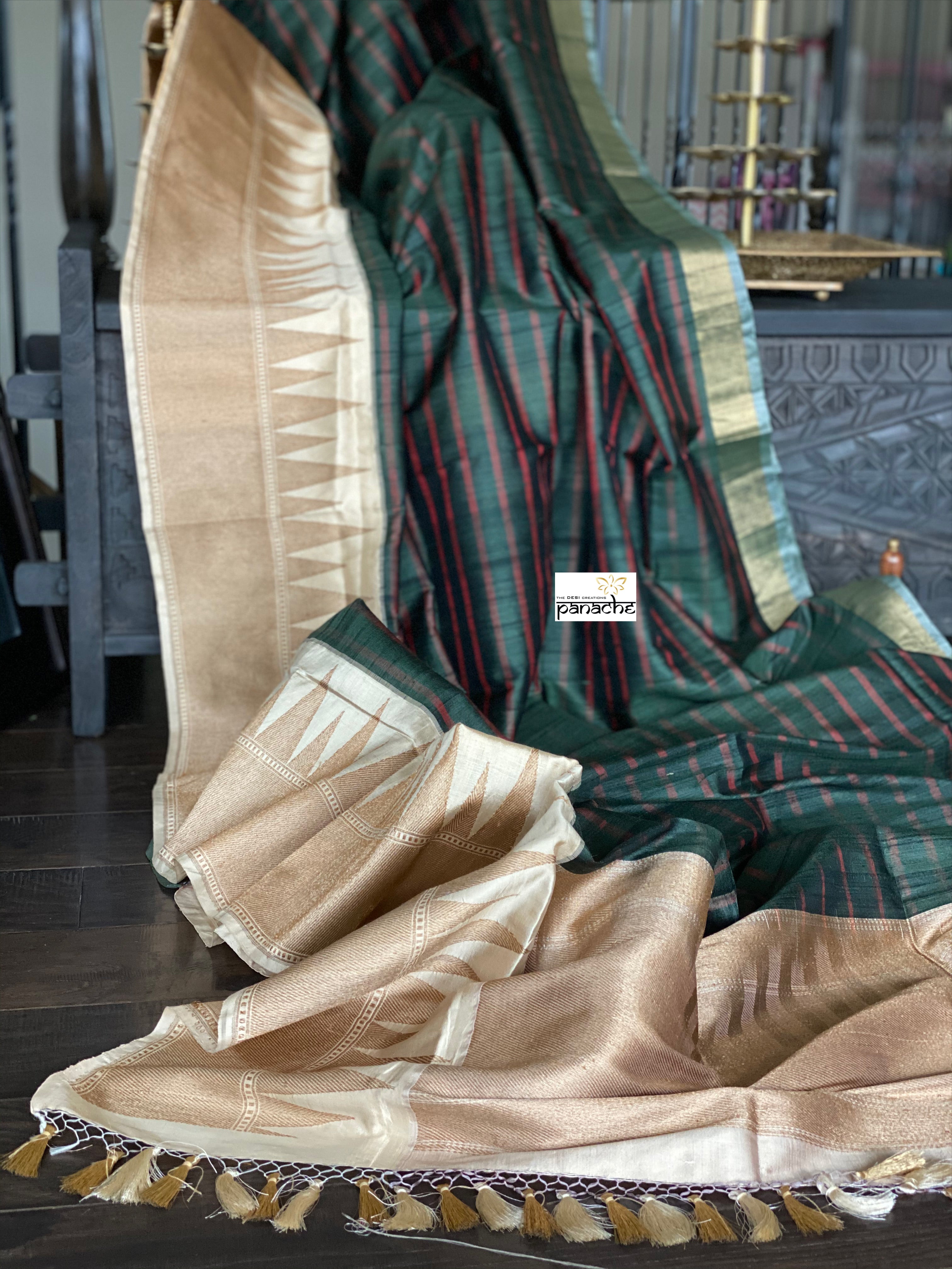 Pure Tassur Silk Banarasi - Dark Black Avocado Green Striped