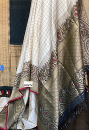 Pure Katan Silk Banarasi - Offwhite Black Checkered Kadwa Woven