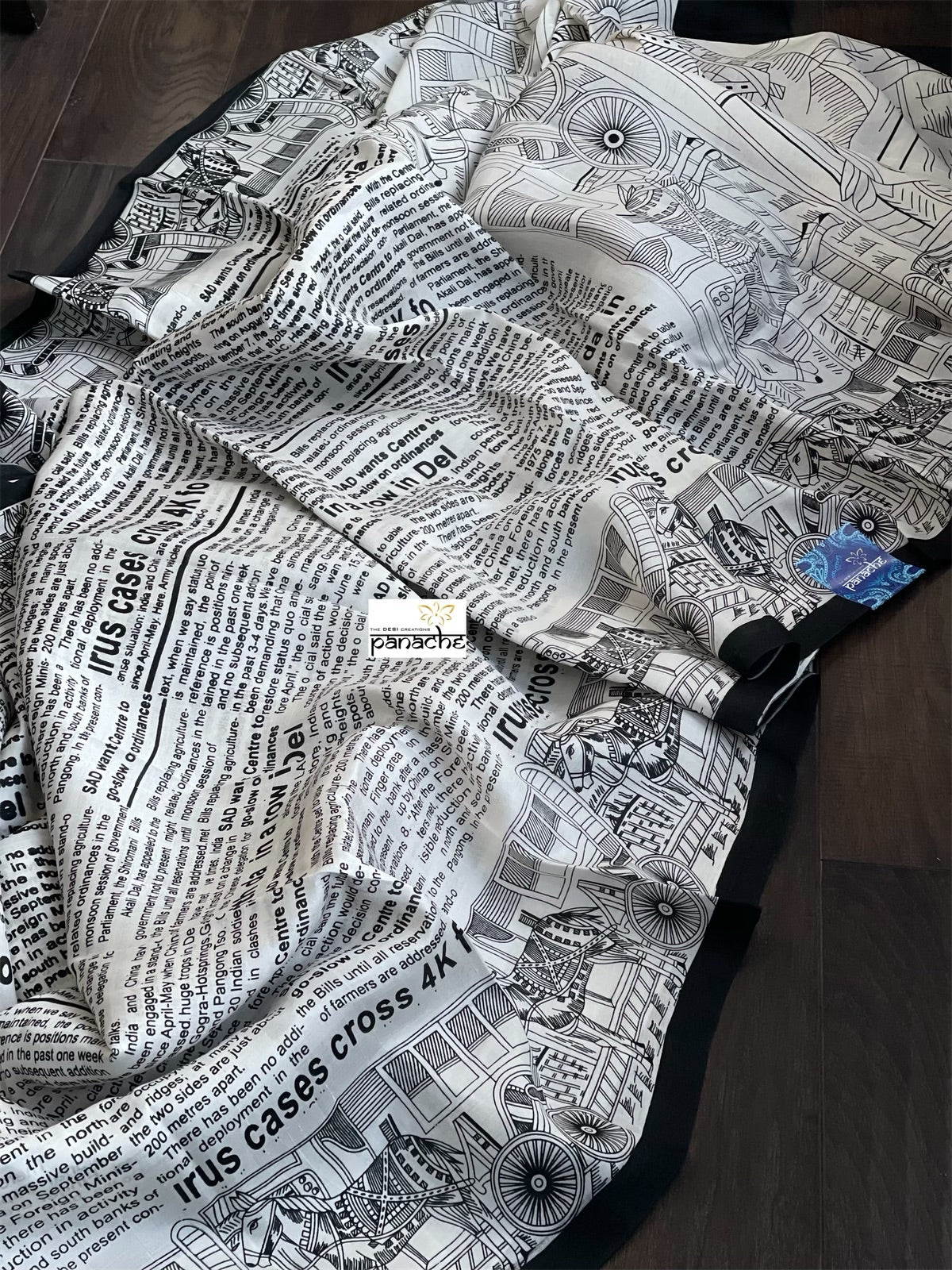 Pure Bishnupur Silk -  Offwhite Black Newspaper Printed