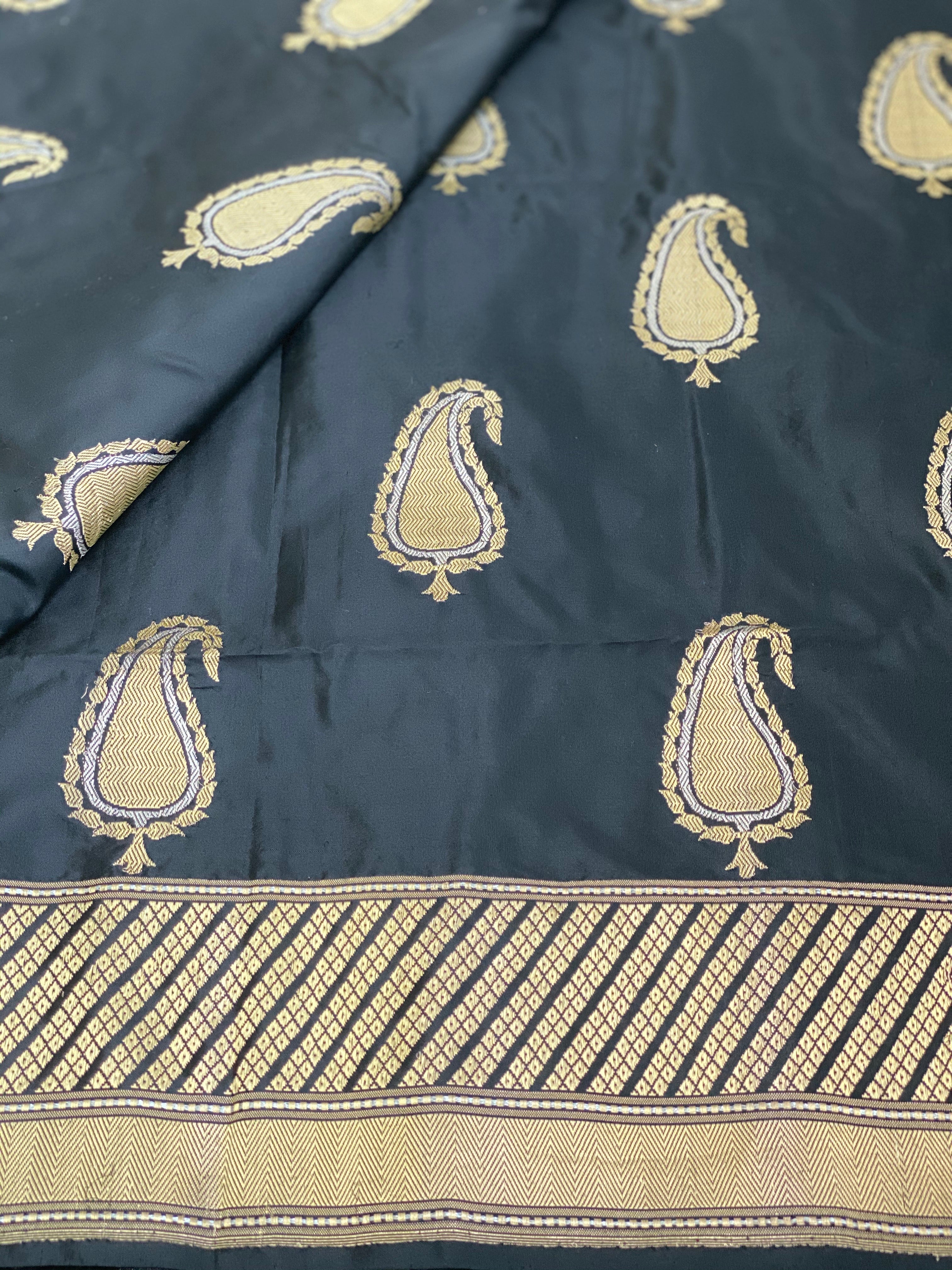 Pure Katan Silk Banarasi - Black Zari Paiesley