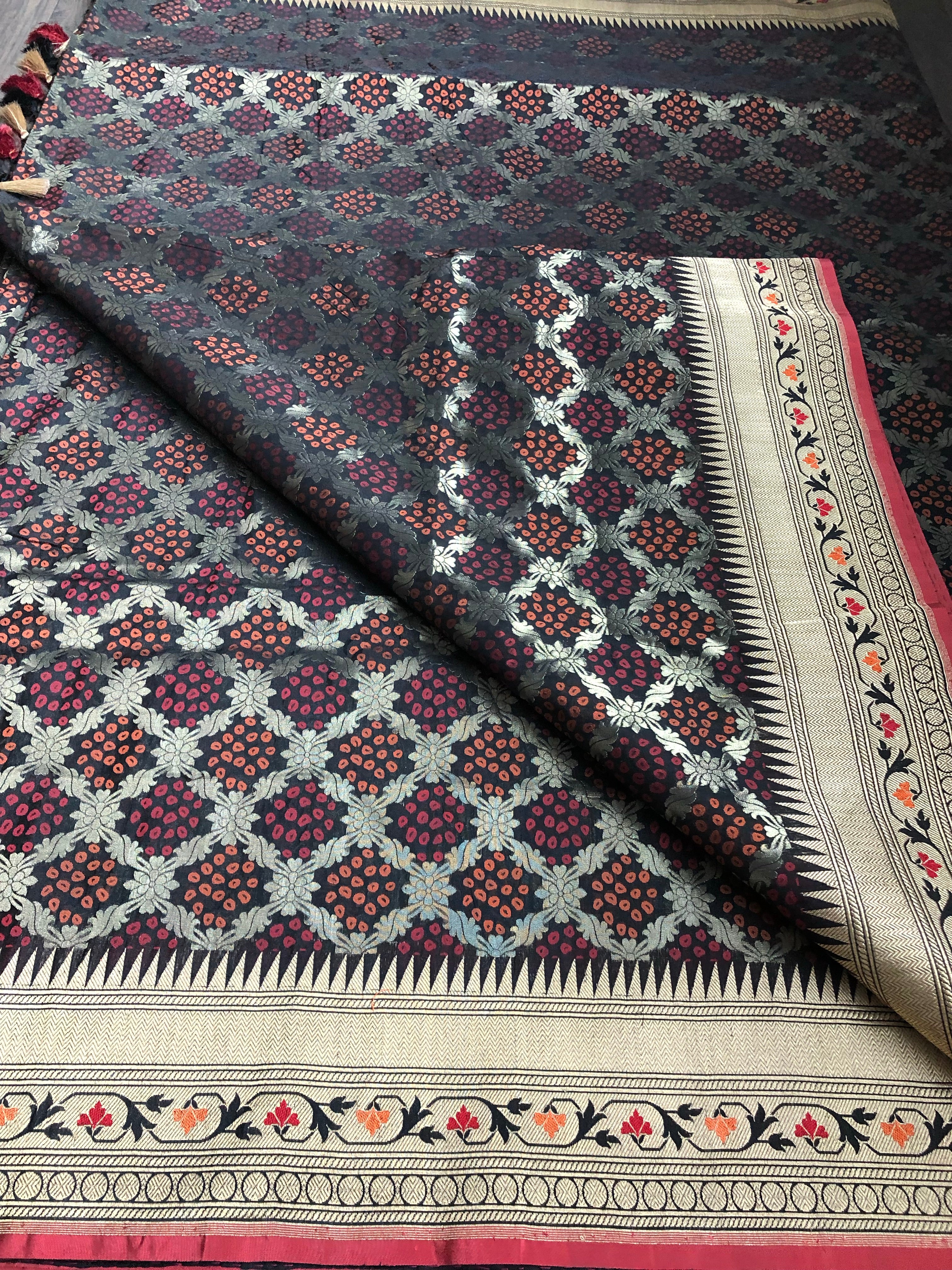 Katan Silk Banarasi - Black Bandhej Paithani Woven