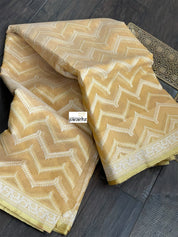 Kora Cotton Chanderi Banarasi - Light Ochre Yellow Paithani Border