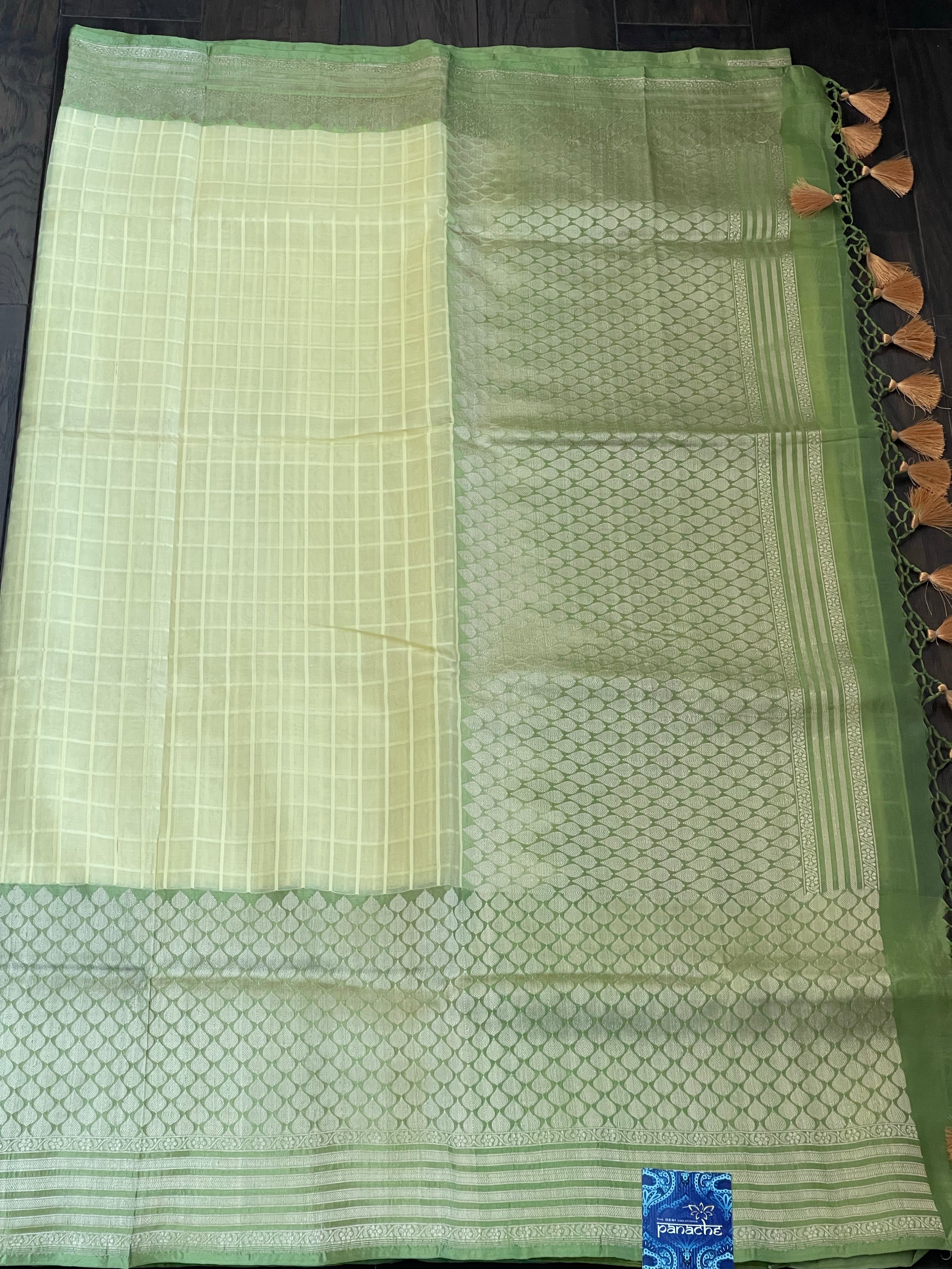 Organza Silk Banarasi - Light Lemon Yellow Green Kadwa woven