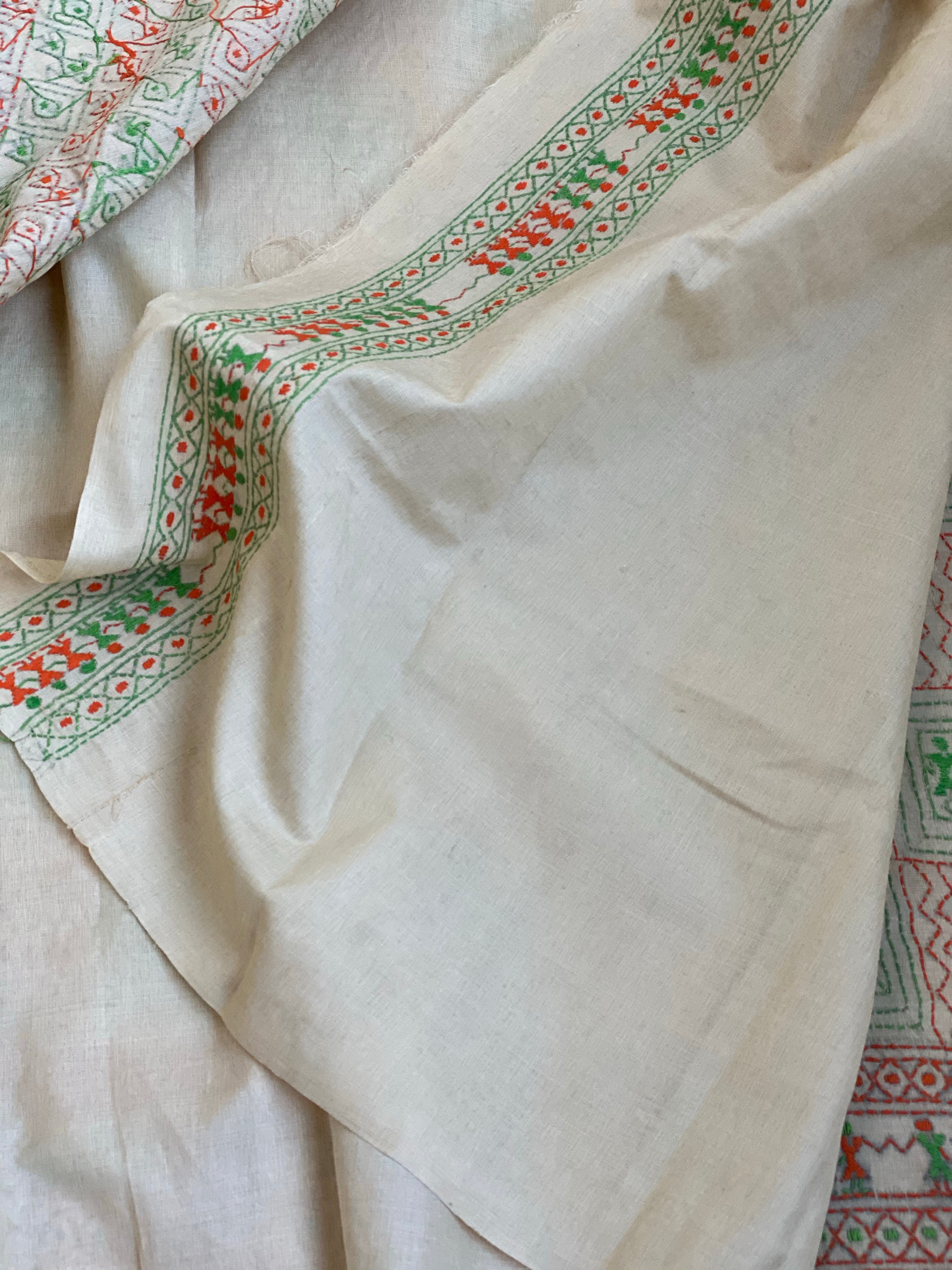 Pure Gachi Tussar Silk Kantha Stitch -  Beige Orange Green Worli