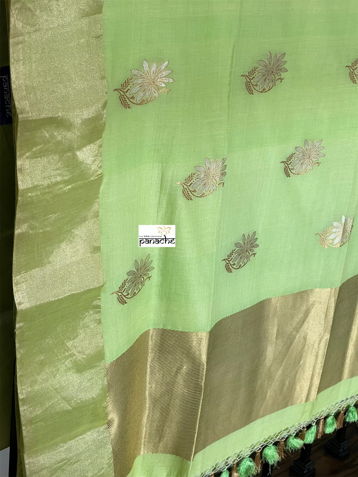 Pure Malmal Cotton Banarasi - Pista Green Kadwa Zari Woven