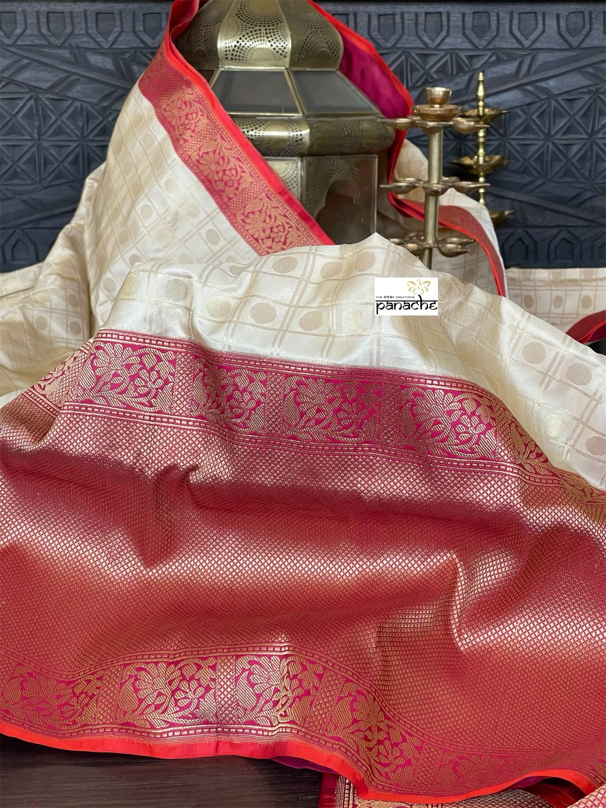 Pure Katan Silk Checkered Banarasi - Golden Beige Magenta Red Kadwa woven