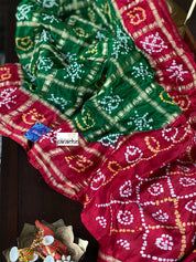 Pure Gajji Silk Gharchola - Green  Red Bandhej