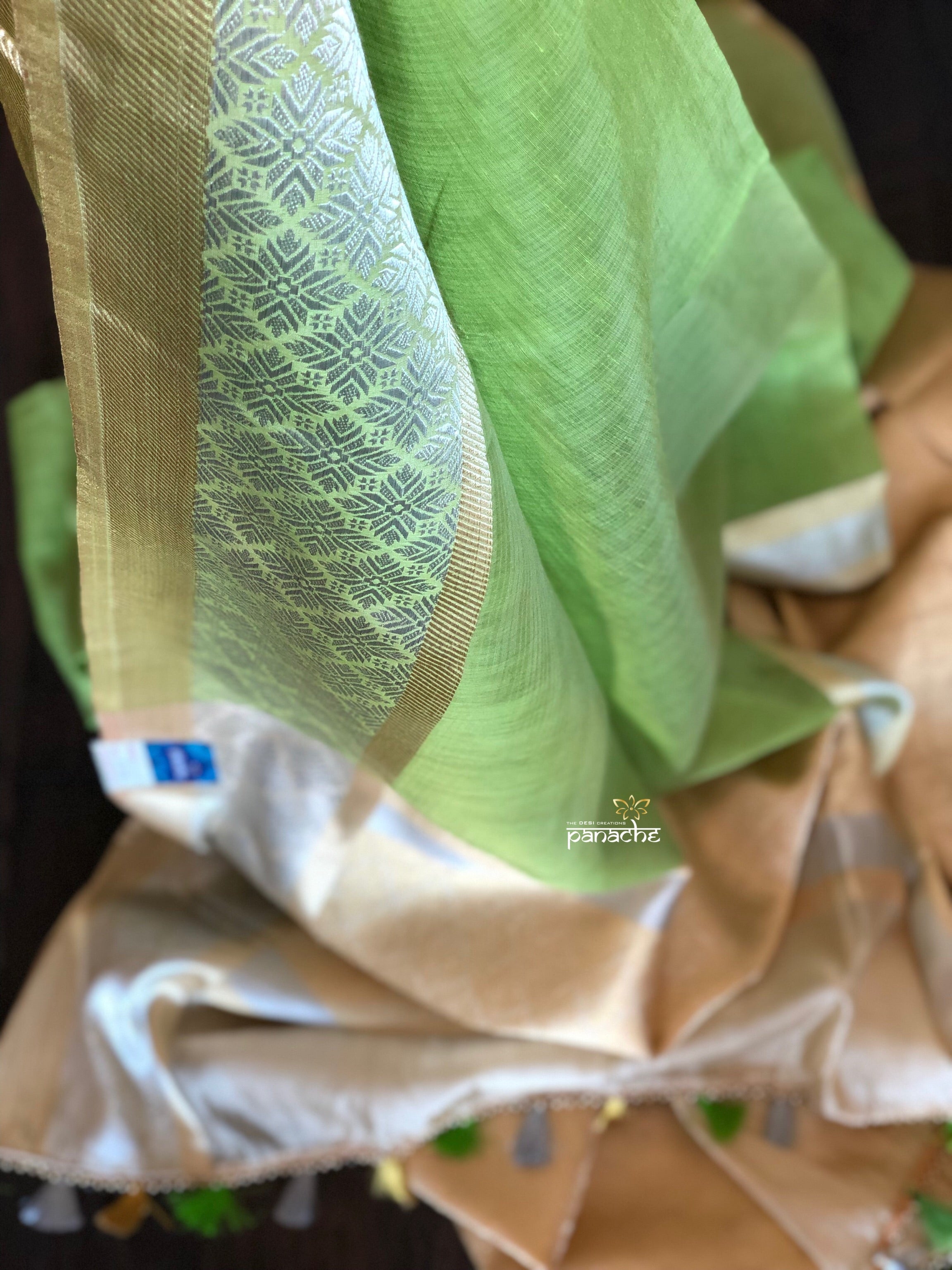 Linen Silk Banarsi - Pista Green Silver Golden Zari