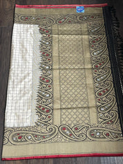 Pure Katan Silk Banarasi - Offwhite Black Checkered Kadwa Woven
