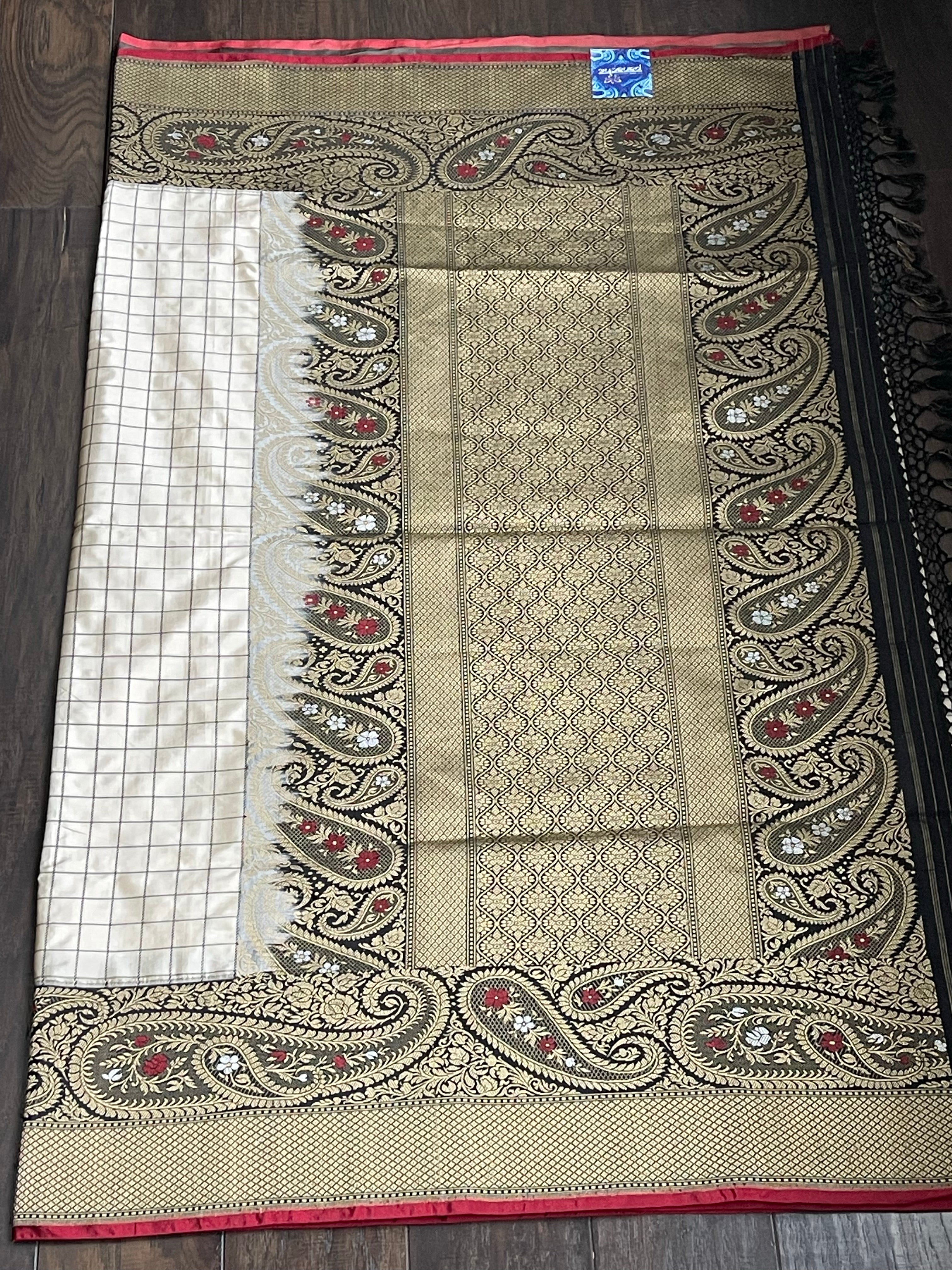 Pure Katan Silk Banarasi - Offwhite Black Checkered Kadwa Woven
