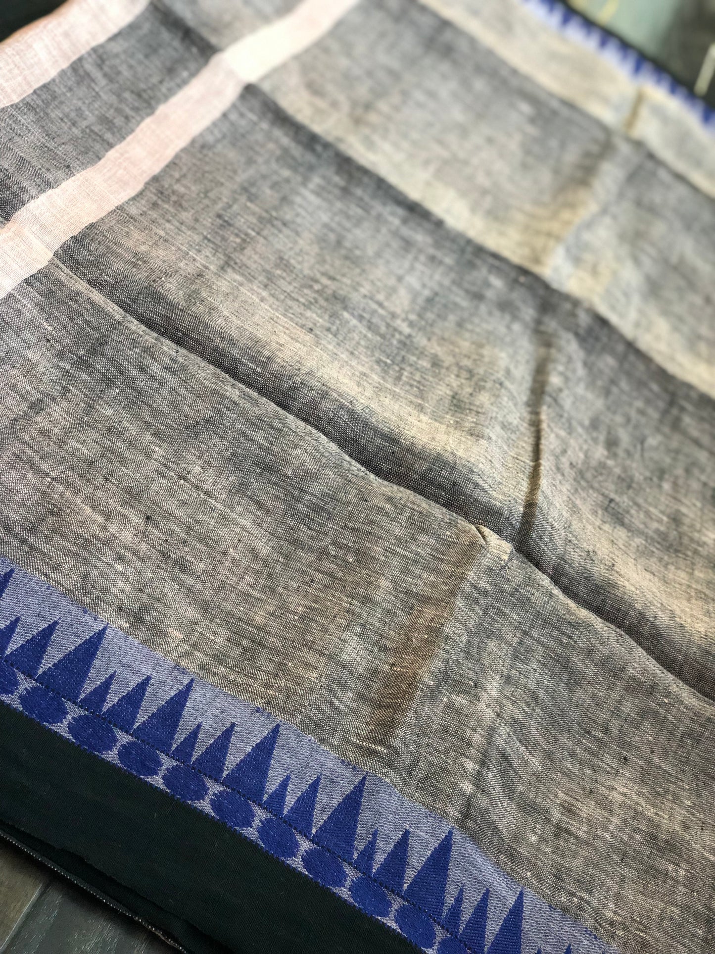 Pure Handloom Linen - Peach Blue Jamdaani Weave