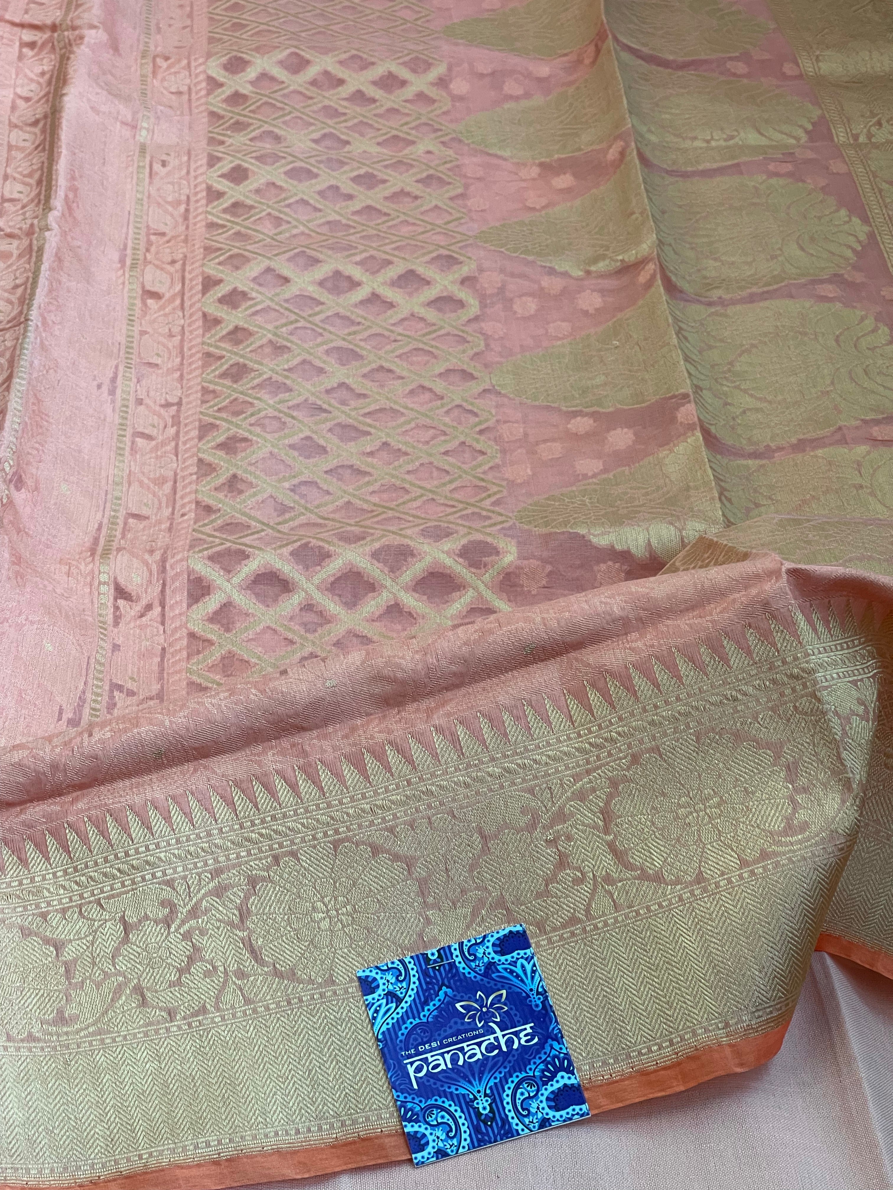 Organza Silk Jamdani Banarasi - Peach Kadwa