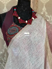Linen Handloom - Off White Maroon Silver Zari