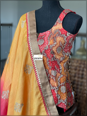 Designer Tussar Silk - Golden Yellow Raspberry Red