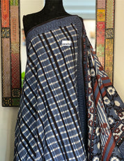 Soft Cotton Ajrakh Saree - Blue Grey Black Maroon Printed