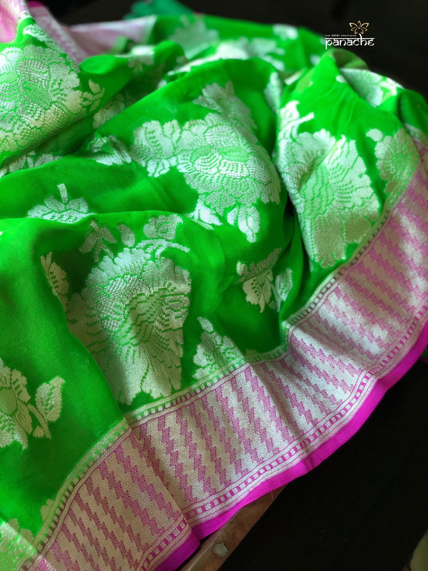 Khaddi Georgette Banarasi - Green Pink