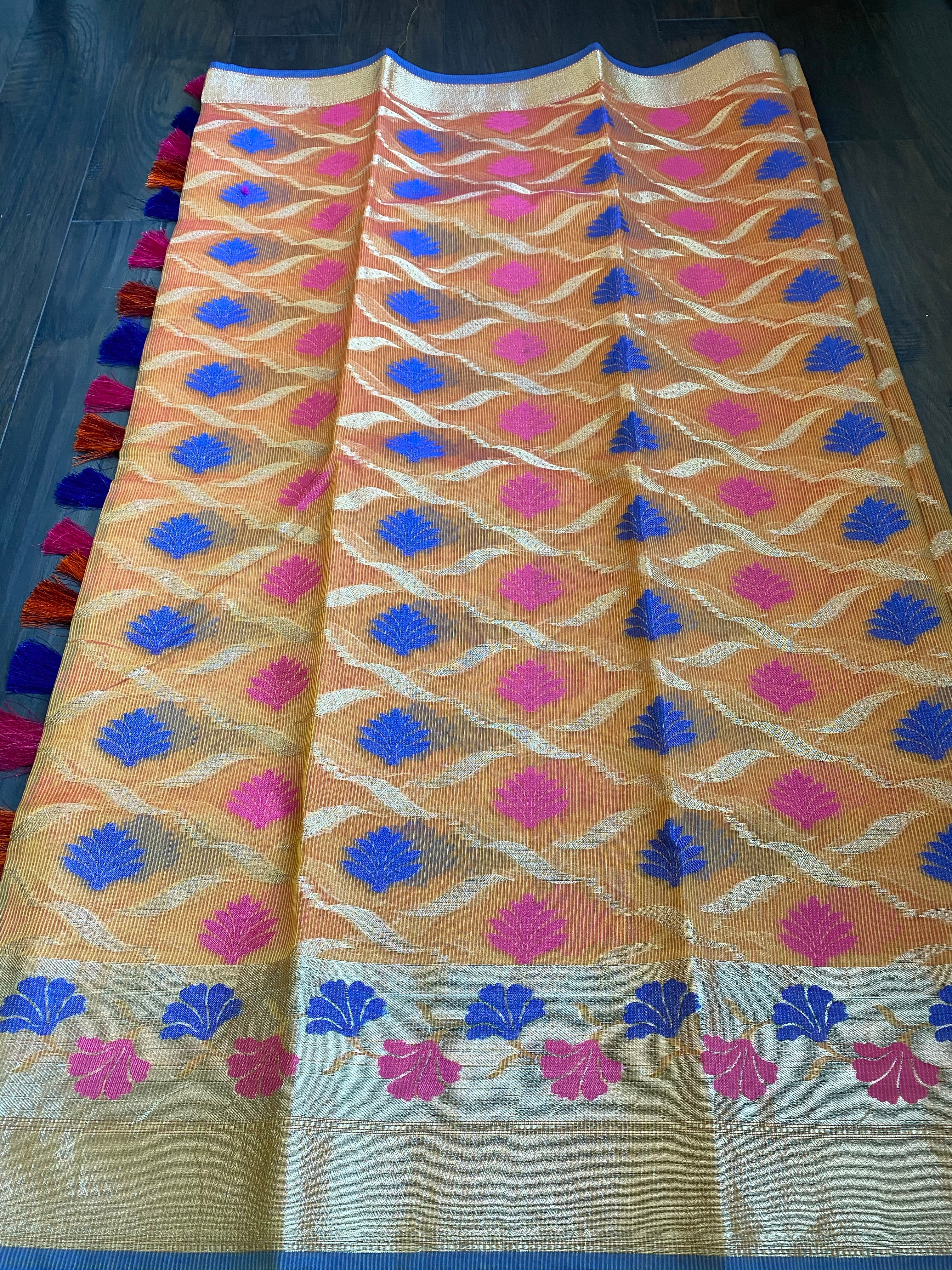 Kora Cotton Silk - Orange Meenakari
