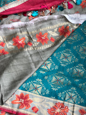 Tussar Georgette Banarasi- Teal Blue Orange Paithani border