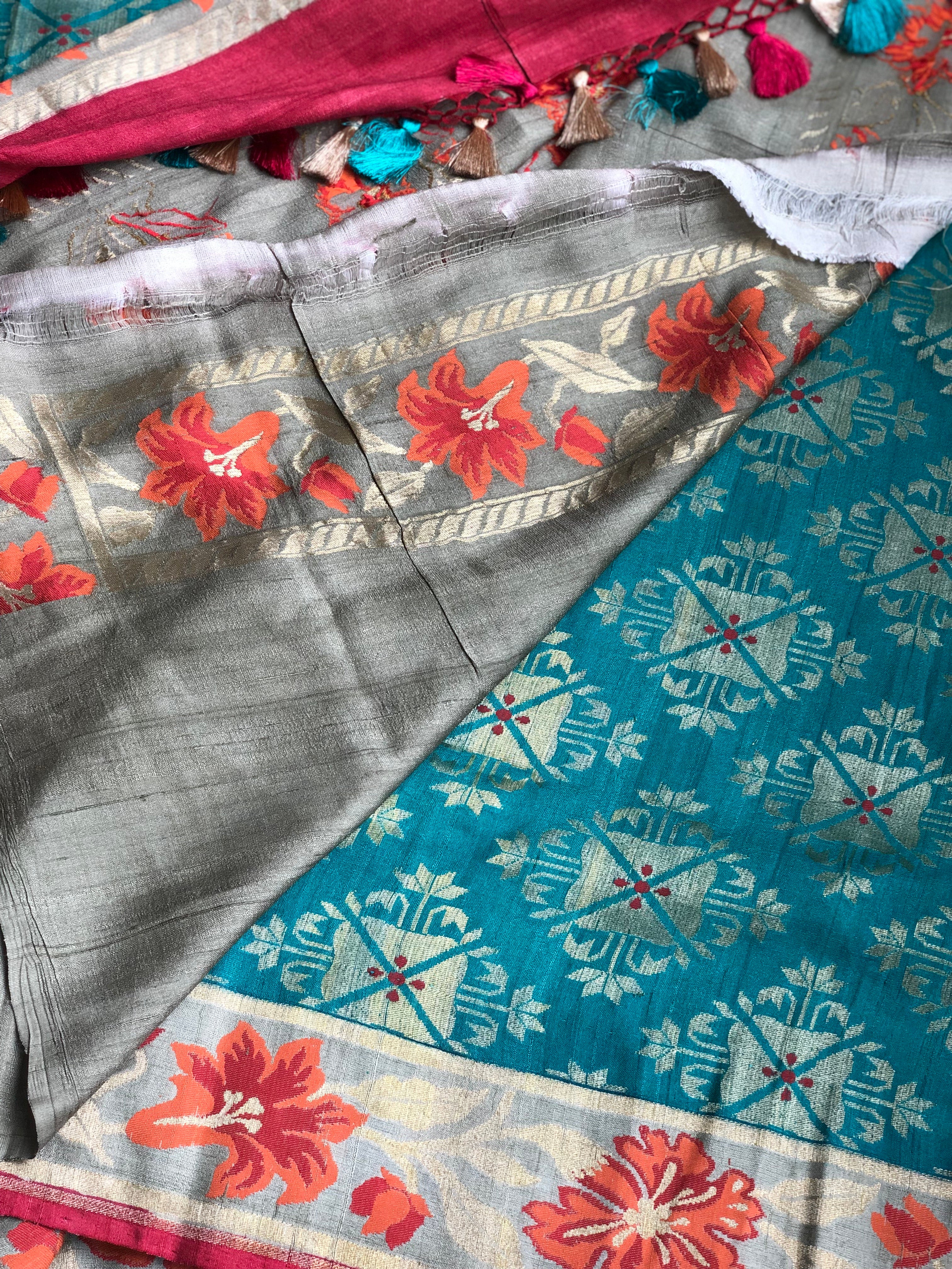 Tussar Georgette Banarasi- Teal Blue Orange Paithani border