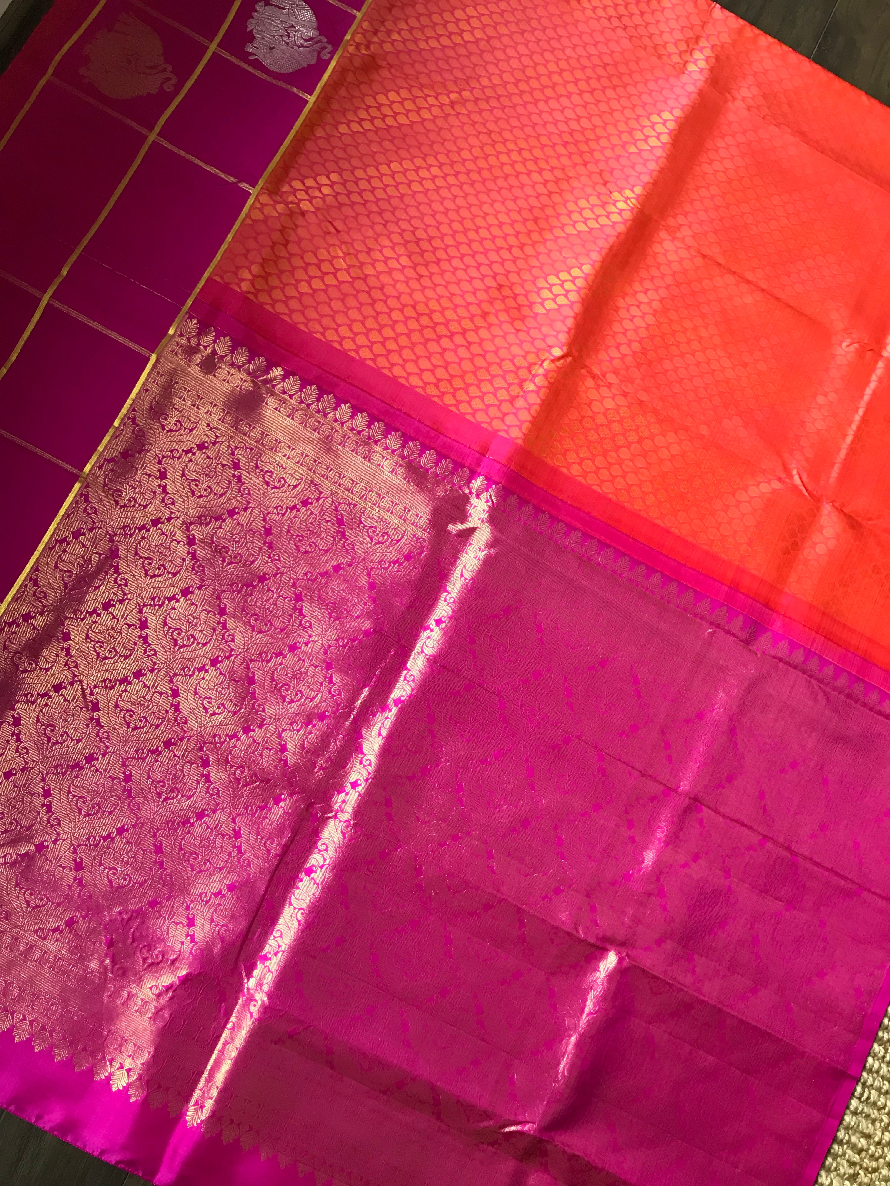 Silk Kanjivaram - Pink Orange Dual Shaded