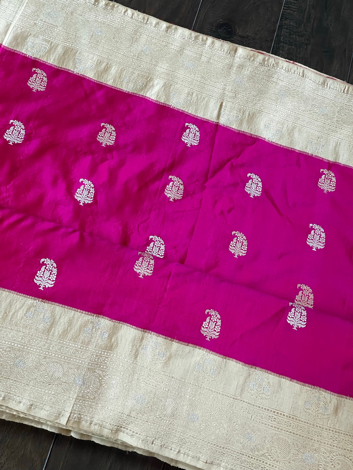 Pure Silk by Tussar Banarasi - Magenta Pink Beige  Kadwa