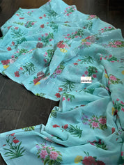 Designer Georgette Sequin Floral  - Sea Blue