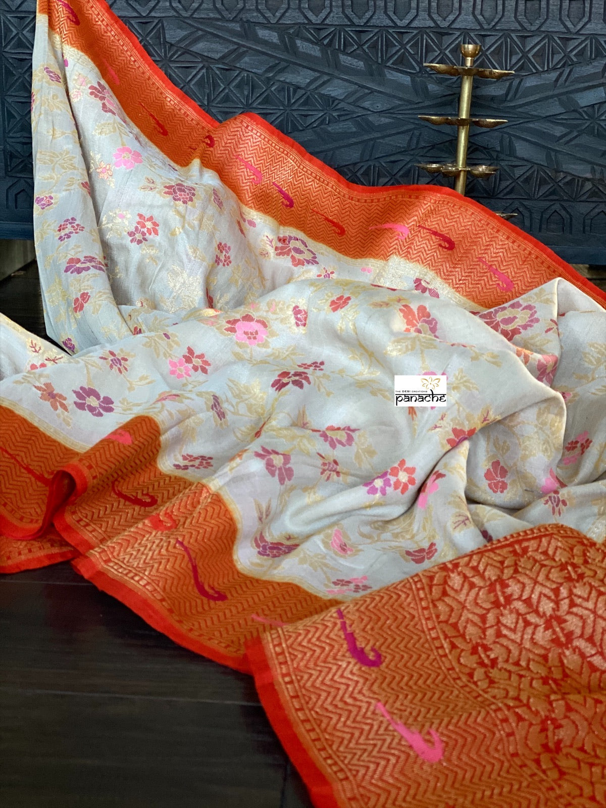 Khaddi Tussar Banarasi - Tilfi woven Beige Orange Multi Meenakari