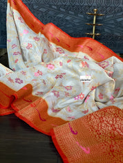 Khaddi Tussar Banarasi - Tilfi woven Beige Orange Multi Meenakari