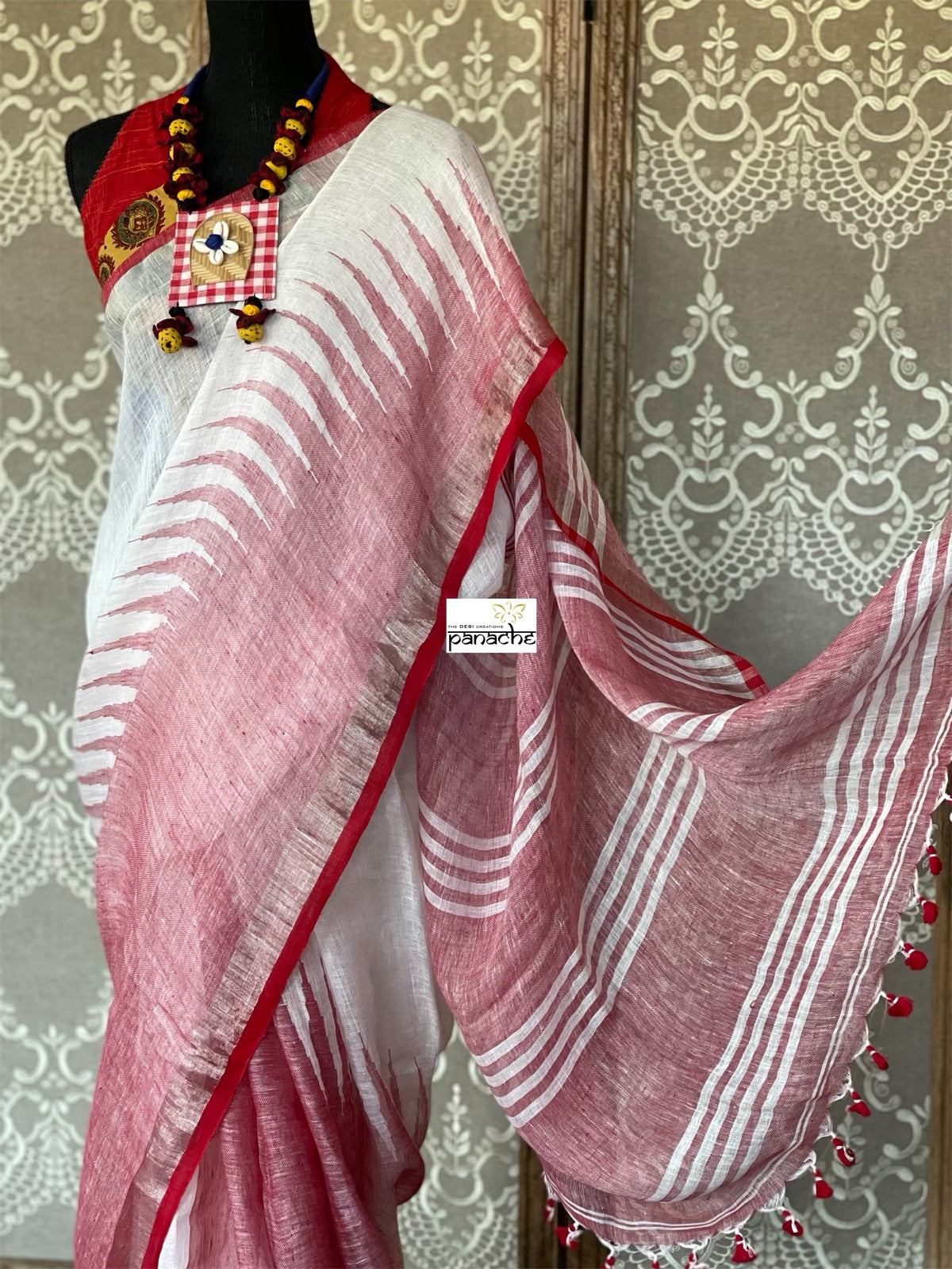 Pure Linen Handloom - White Red Temple