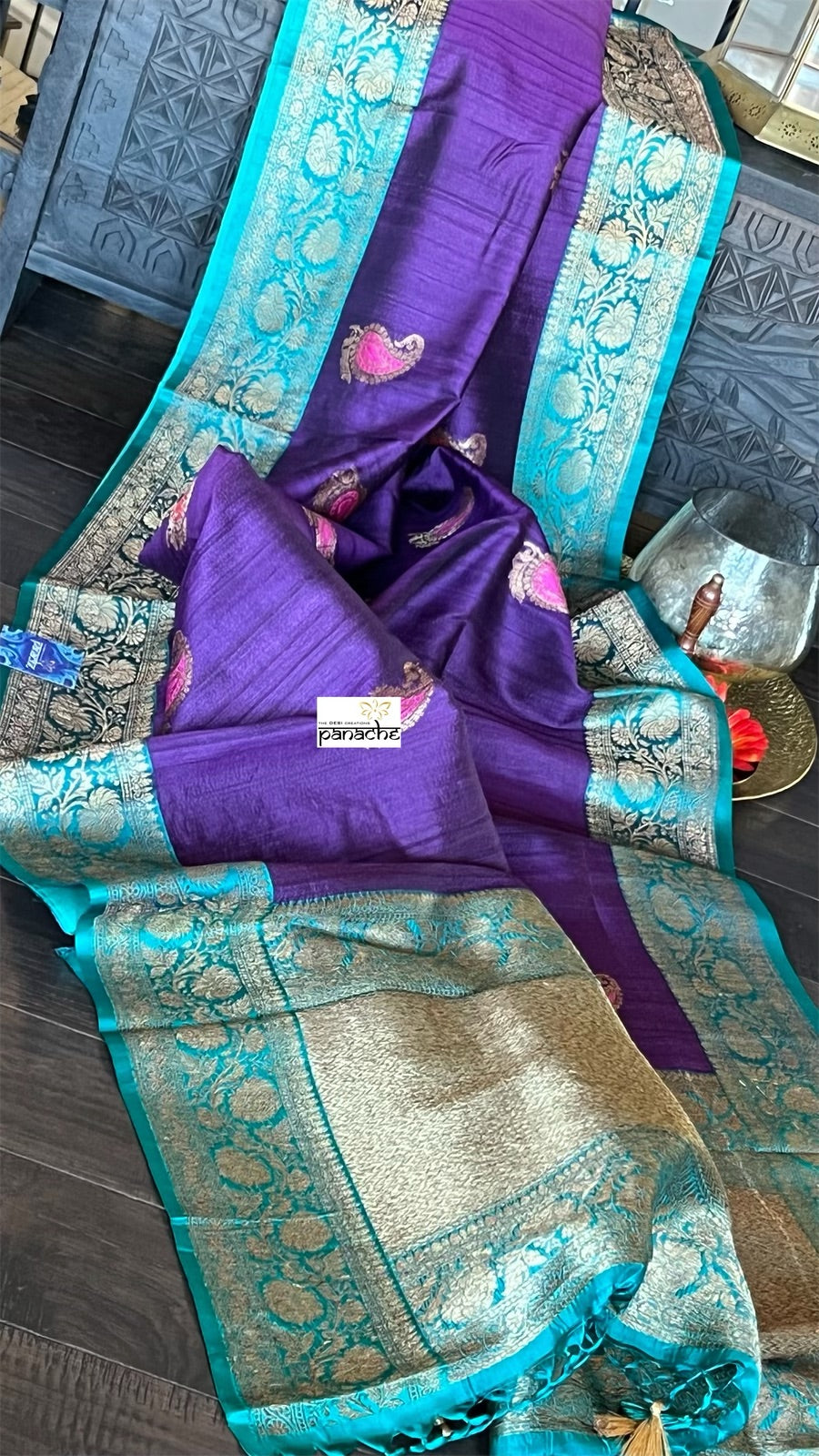 Tussar Silk Banarasi - Purple Firozi Meenakari