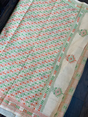 Pure Gachi Tussar Silk Kantha Stitch -  Beige Orange Green Worli