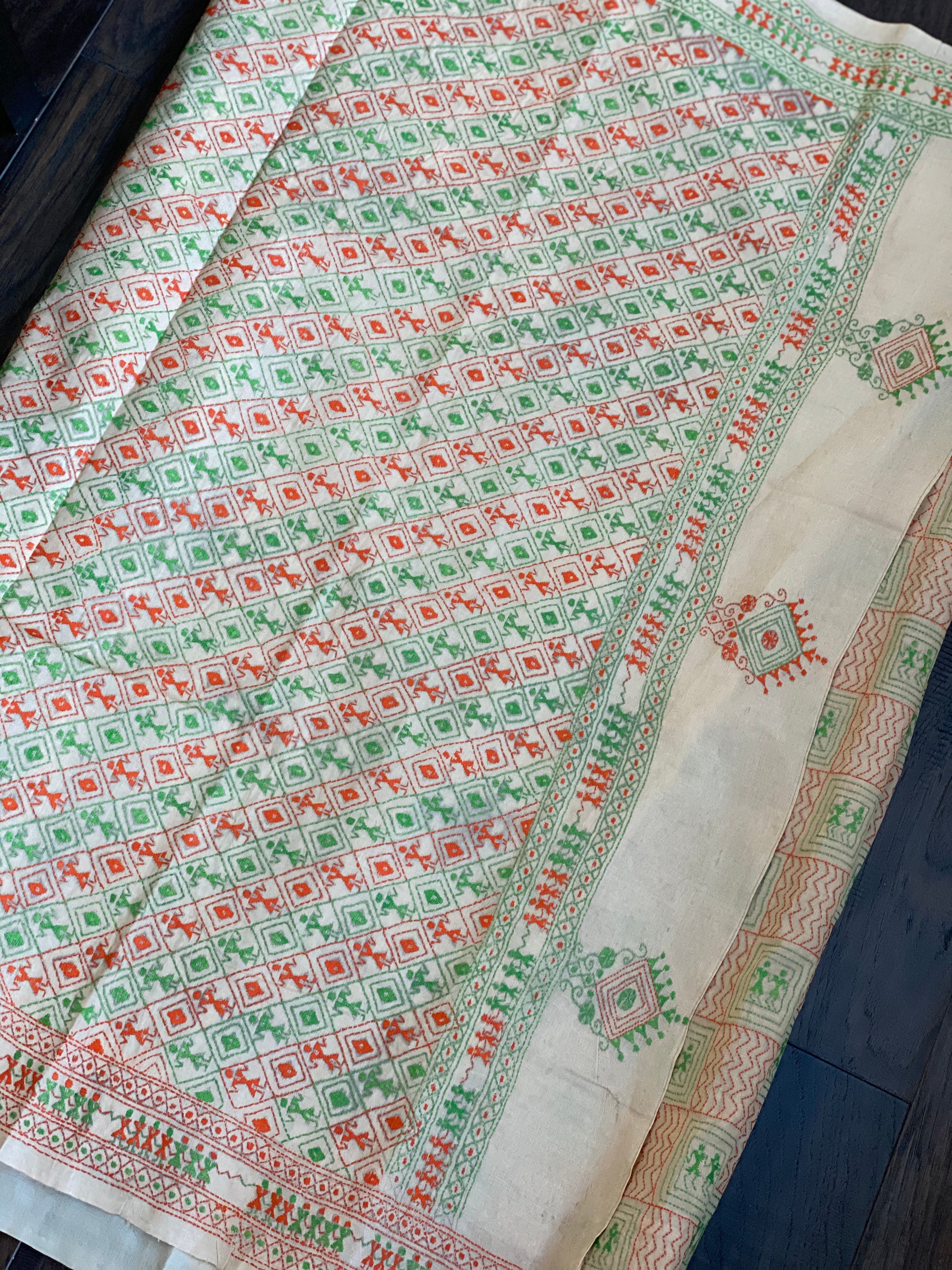 Pure Gachi Tussar Silk Kantha Stitch -  Beige Orange Green Worli