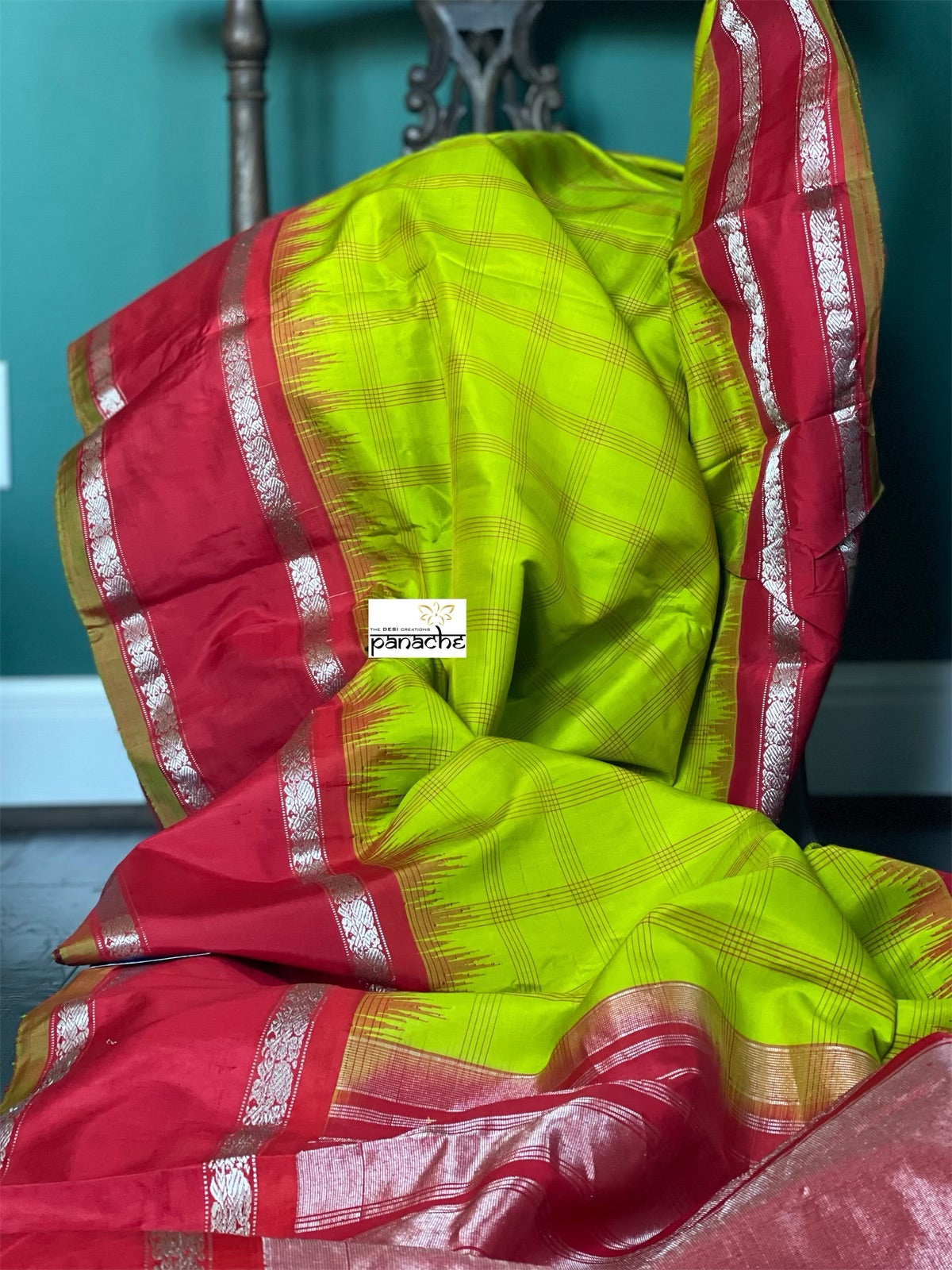 Silk Gadwal - Lime Green Red Checkered Golden Zari