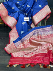 Pure Silk Katan Banarasi - Navy Blue Red Kadhwa