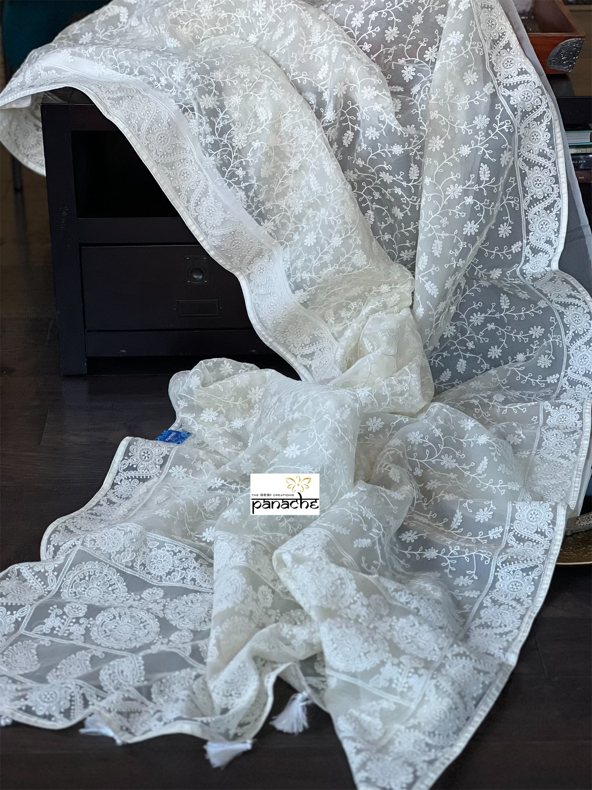 Designer Organza - Ivory White Embroidered