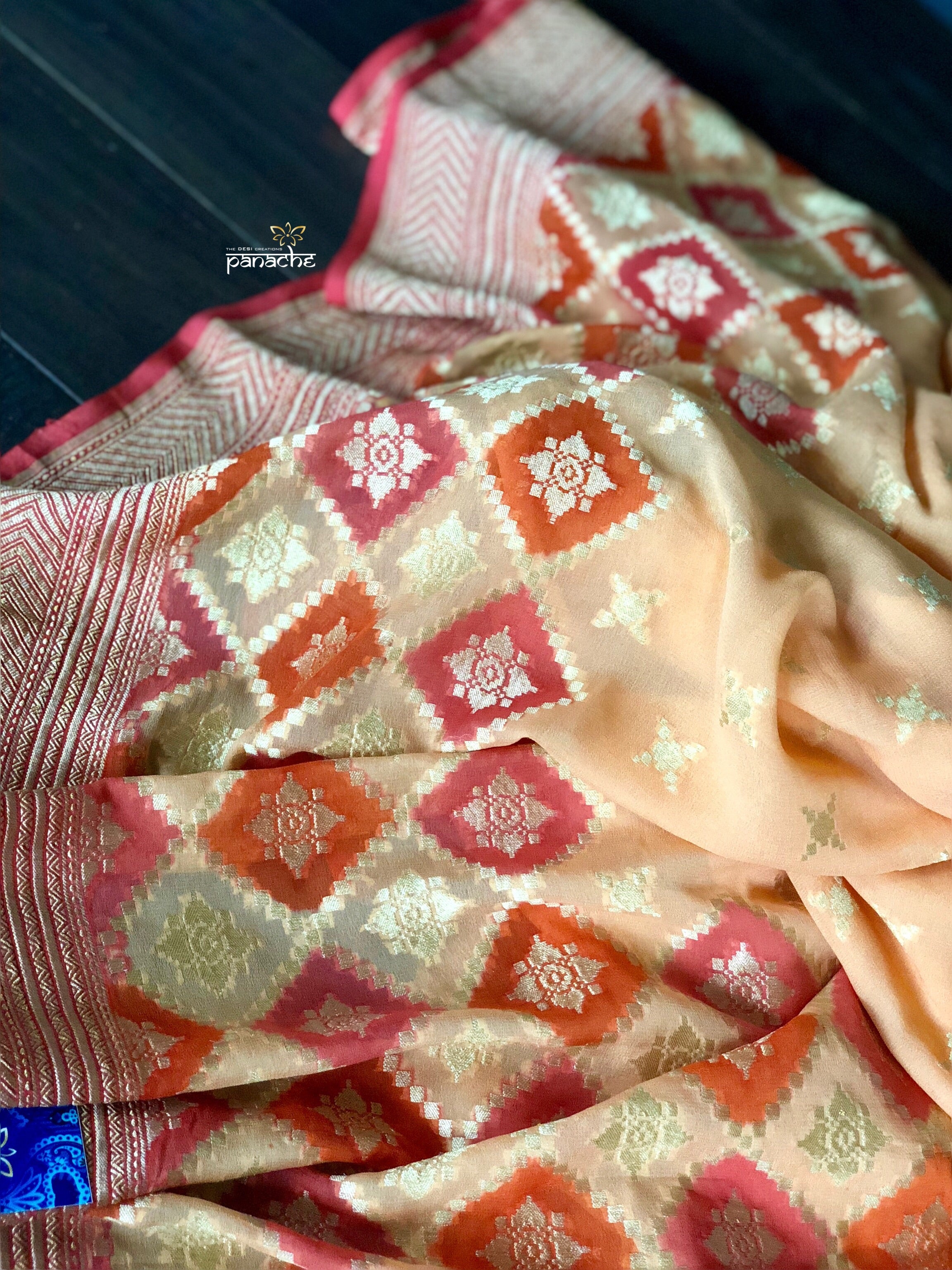 Khaddi Georgette Banarasi - Peach Meenakari