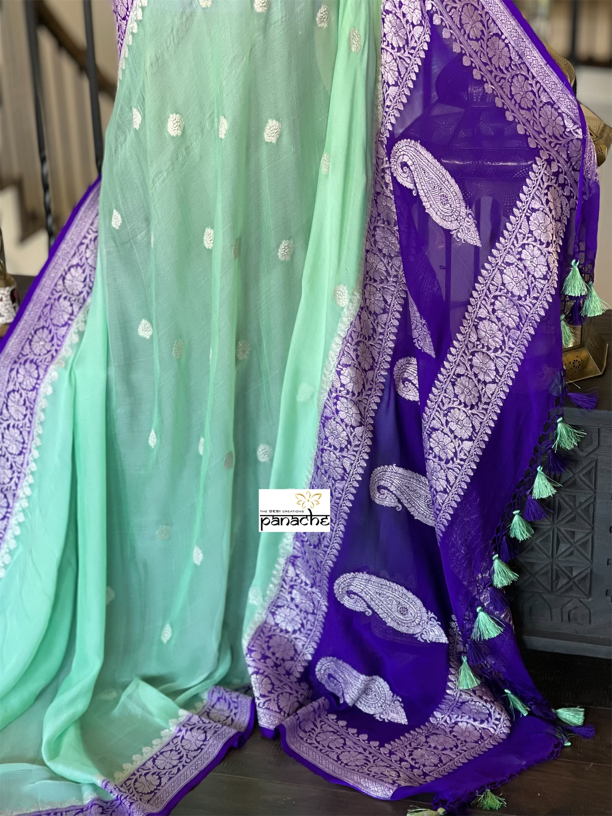 Chiffon Georgette Silk Banarasi - Mint Green Purple Silver Zari