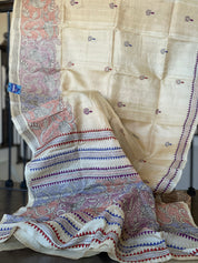 Pure Tussar Silk Kantha Stitch - Beige Multi Color