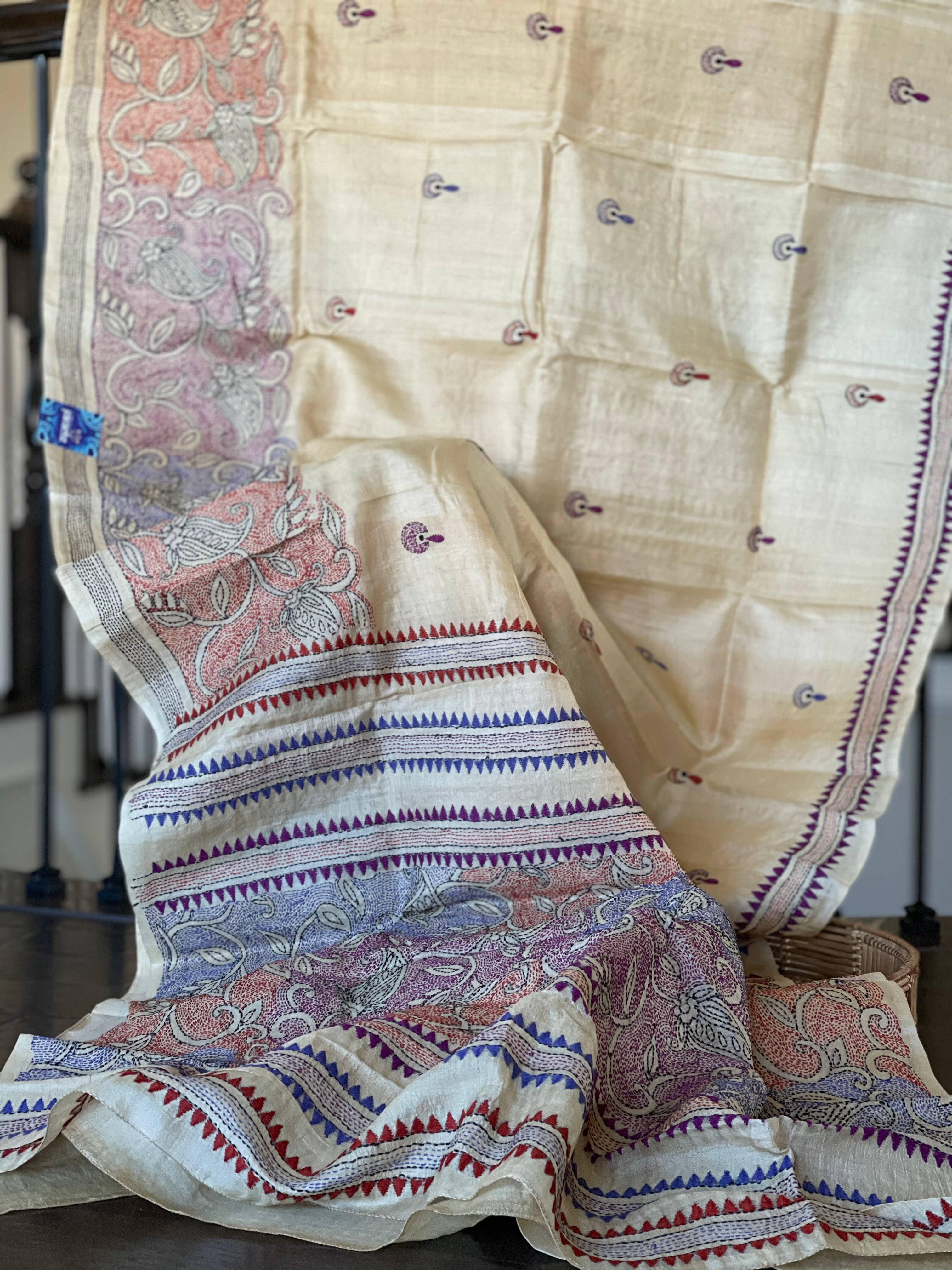 Pure Tussar Silk Kantha Stitch - Beige Multi Color