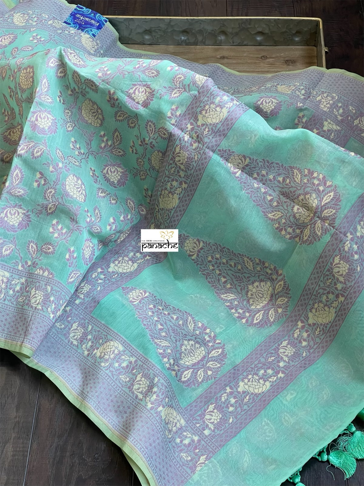 Kora Cotton Banarasi - Mint Green Violet