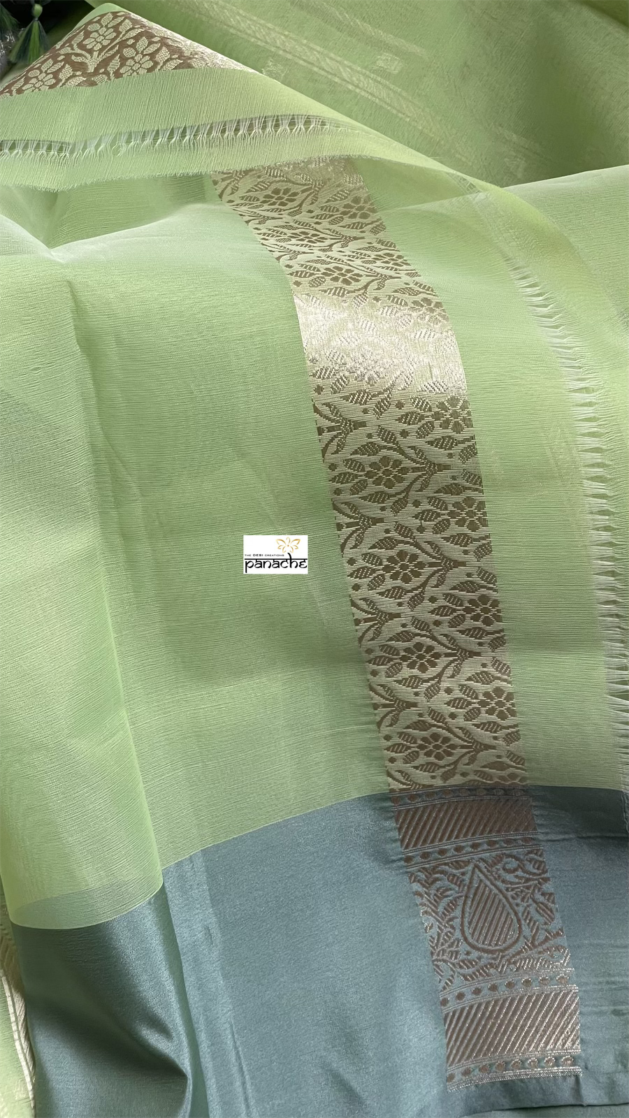 Kora Silk Banaras Chanderi - Pista Green Grey