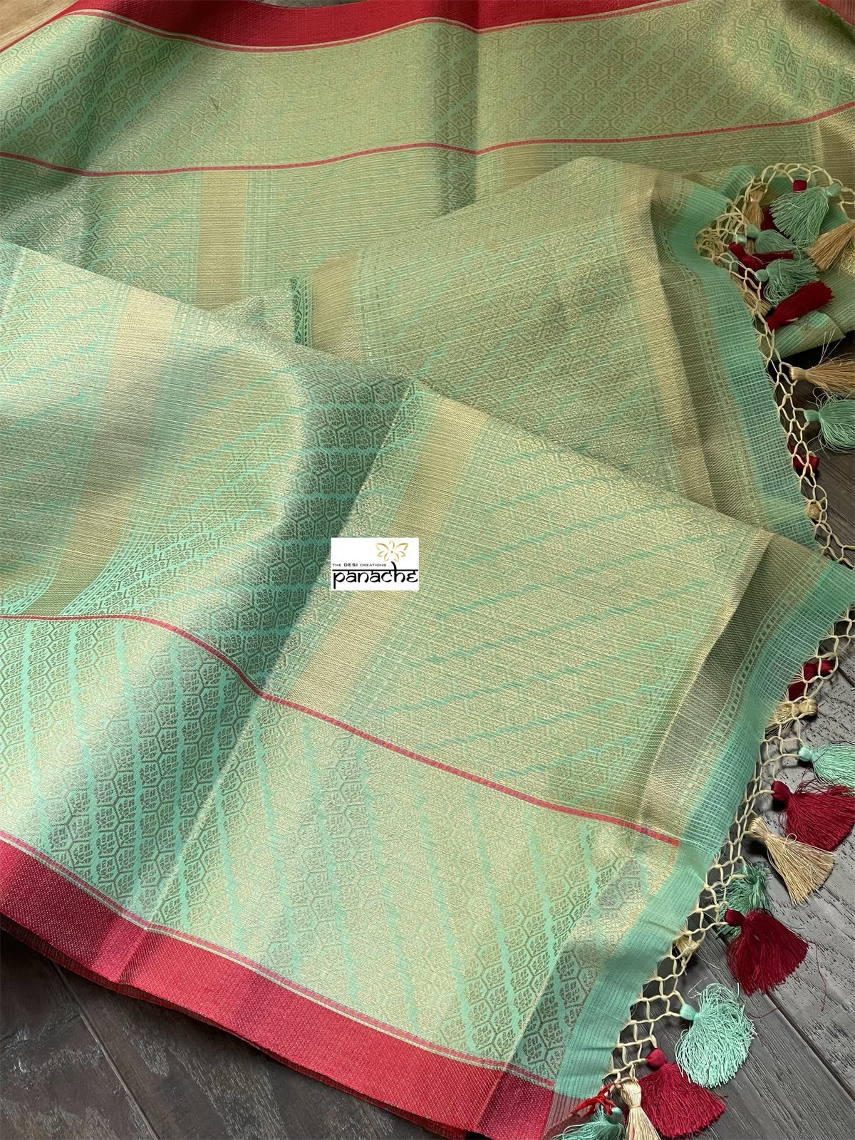 Cotton Silk Banaras Chanderi - Sea-Green Red Woven